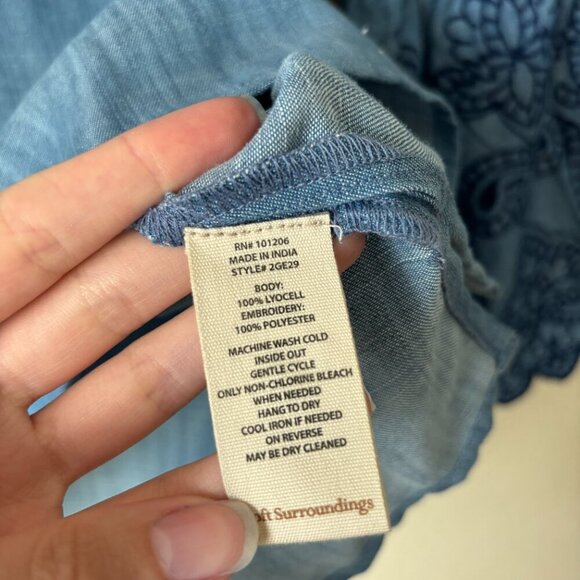 Soft Surroundings Chambray Embroidered Flare Bell Sleeve V-Neck Blouse Top - Picture 6 of 8